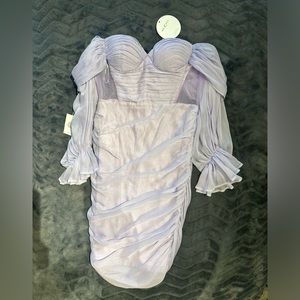 Sirene Lavender Silk Pleated Off Shoulder Balloon Sleeves Dress